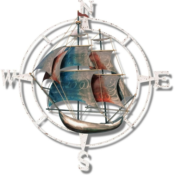 Corner Merchant Metal Ship Nautical Compass Wall Art 3-D Rustic Coastal Design Wall Hanging 37 inches x 37 inches