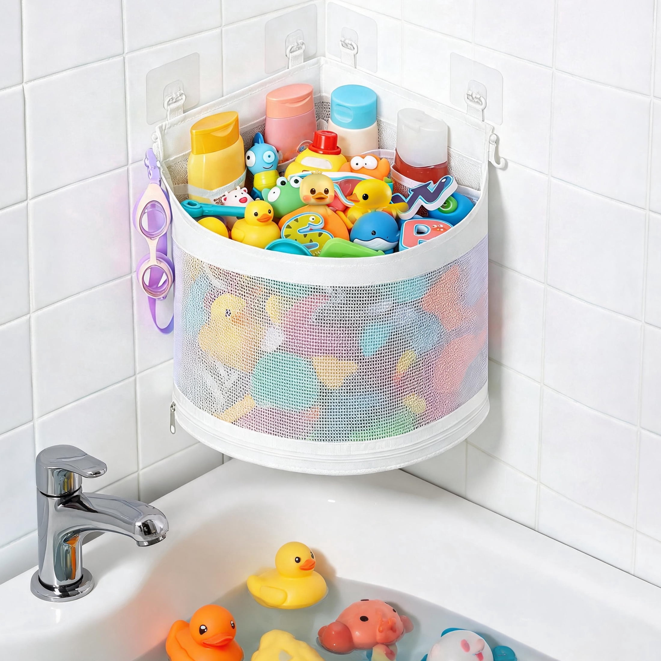 Corner Mesh Bath Toy Storage Caddy with Adhesive Hooks, Quick Dry Hanging Bathtub Toy Organizer Basket, Space Saving Triangle Shower Toy Holder for Kids