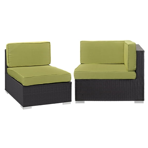 Corner and Middle Lounge Chair Set, Green, Wicker Rattan, Outdoor Patio Balcony Cafe Bistro Garden Hospitality Restaurant, Modern Contemporary, HB36939