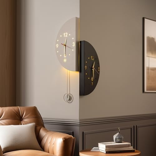 Corner Modern Wall Clock, Stylish Double-Sided Luminous Wall Clock with Pendulum, Sensor Luminous Corner Wall Clocks, Bedroom Silent Corner Clock Clock with Digital Scale