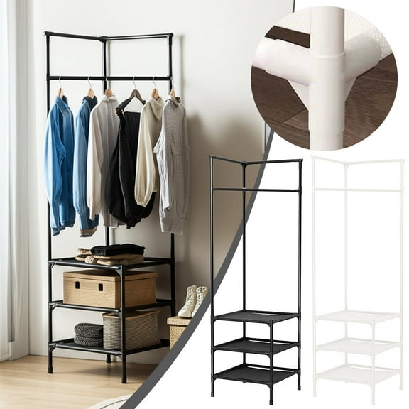 Corner Organizer Shelf Unit | Multi-Functional Metal Storage Rack | Detachable Assemblable Design | Shelves Hooks Base | Space-Saving Modern Style | Bedroom Living Room Entryway | 1 Piece