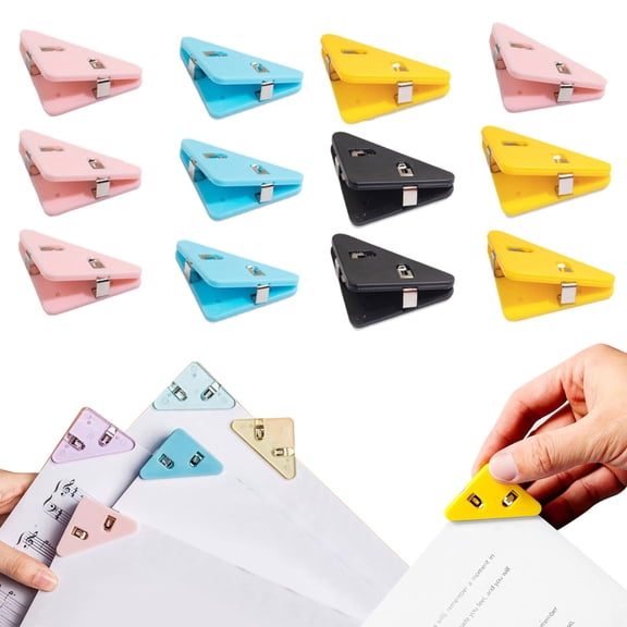 Corner Paper Clip Triangle Book Page Corner Clips, 12Pcs Page Holder Clips for Books and Documents, Plastic Data Clip Holds Up to 50 Sheets, Reusable for Family and Office