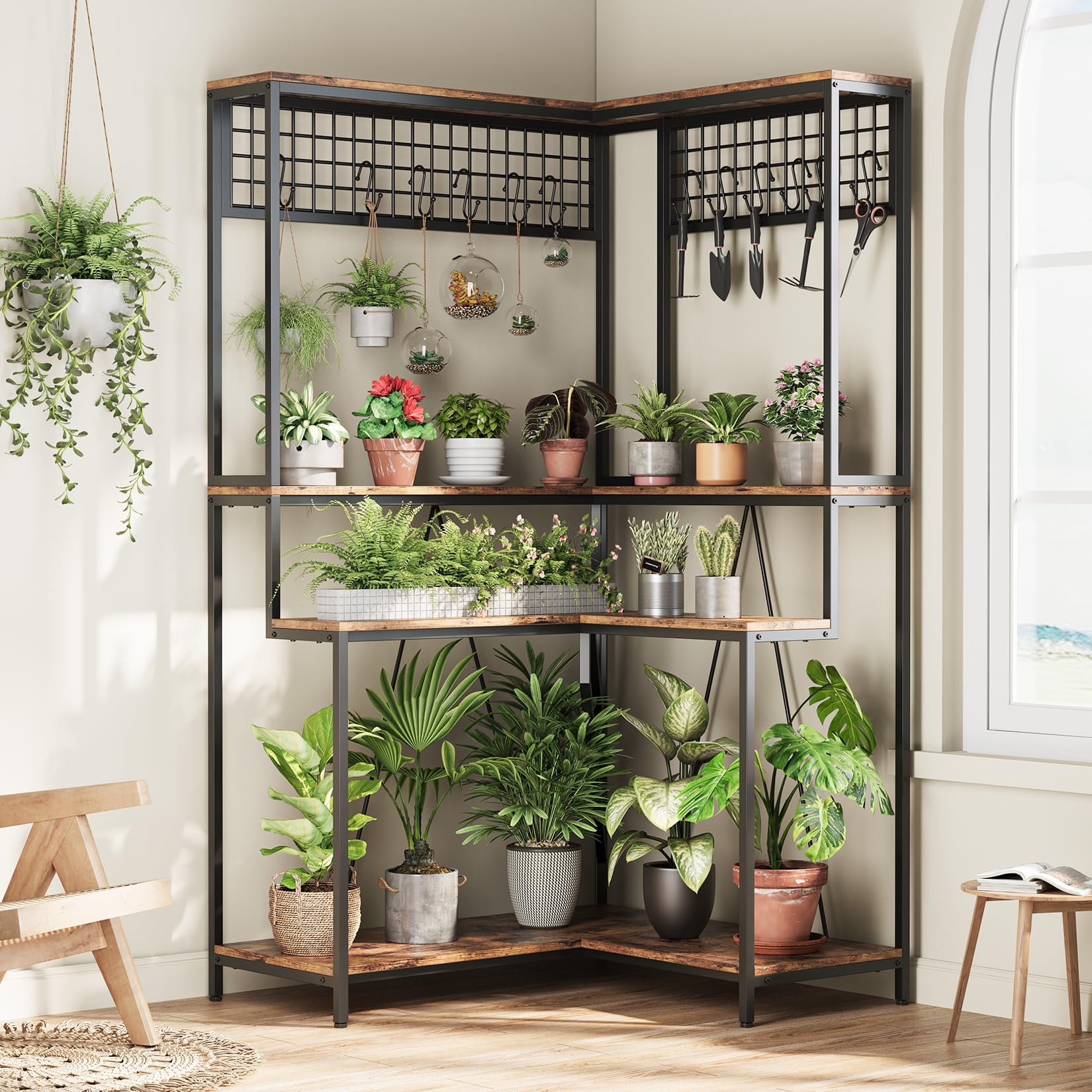 Corner Plant Stand 4 Tier Tall 67 inches Indoor Outdoor Planter Display shelving unit Large Metal Wood Plant Shelf with 12 Hanging Hooks Bonsai Pots Flower Display Rack for Balcony Living Room Walmart...