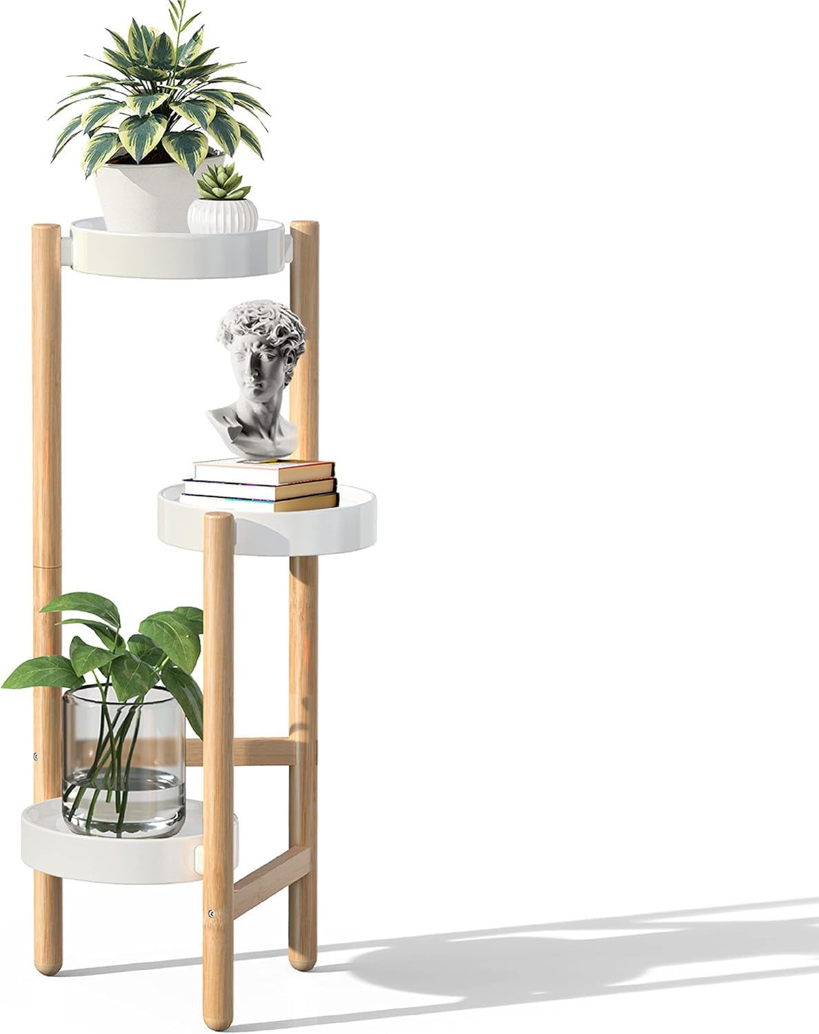 Natural Bamboo and White 3-Tier Corner Plant Stand