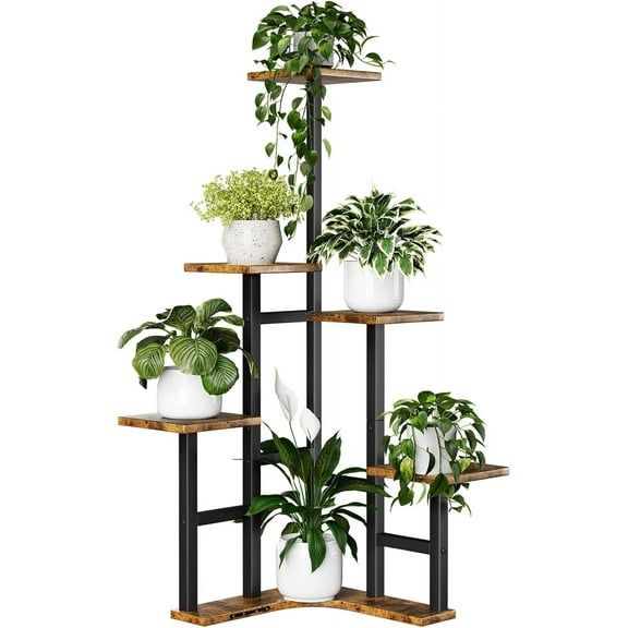 Corner Plant Stand Indoor, 6 Tier Corner Plant Shelf Flower Stand for Multiple Plants, Plant Shelves Organizer Rack for Living Room, Balcony, Patio, Garden, Square Rustic Brown