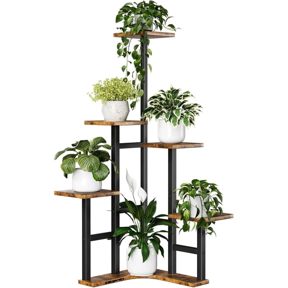 Corner Plant Stand Indoor, 6 Tiered Corner Plant Shelf Flower Stand for Multiple Plants, Plant Shelves Organizer Rack for Living Room, Balcony, Patio, Garden, Square Rustic Brown