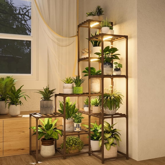 Corner Plant Stand With Grow Lights - Tall Shelf Indoor Outdoor for Multiple Plants - Wood Table 7 Pots Flower Stands for Living Room Rack