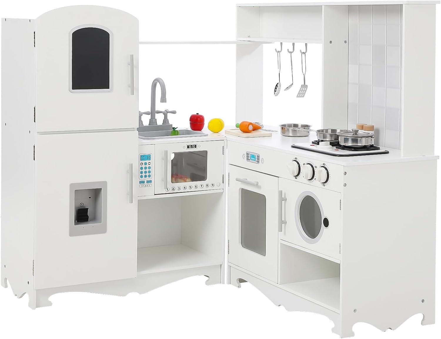Corner Play Kitchen for Kids, Wooden Kitchen Playset w/Cooking Stove ...