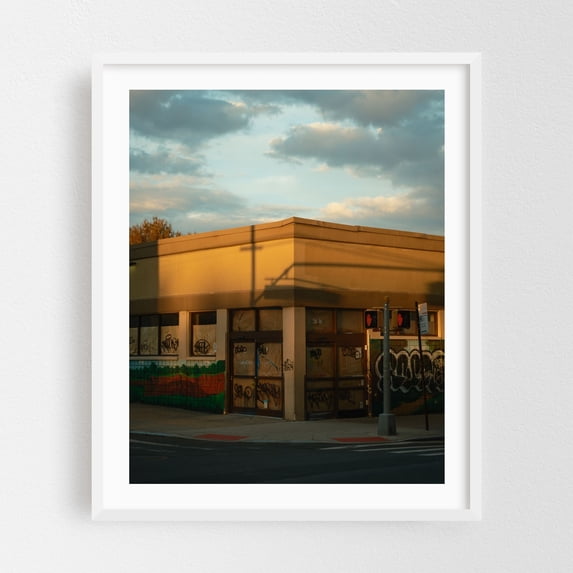 Corner - Queens New York Photography Graffiti Street Photography Architecture City Vintage Sunset White Framed Wall Art Print 11 x 14 inches