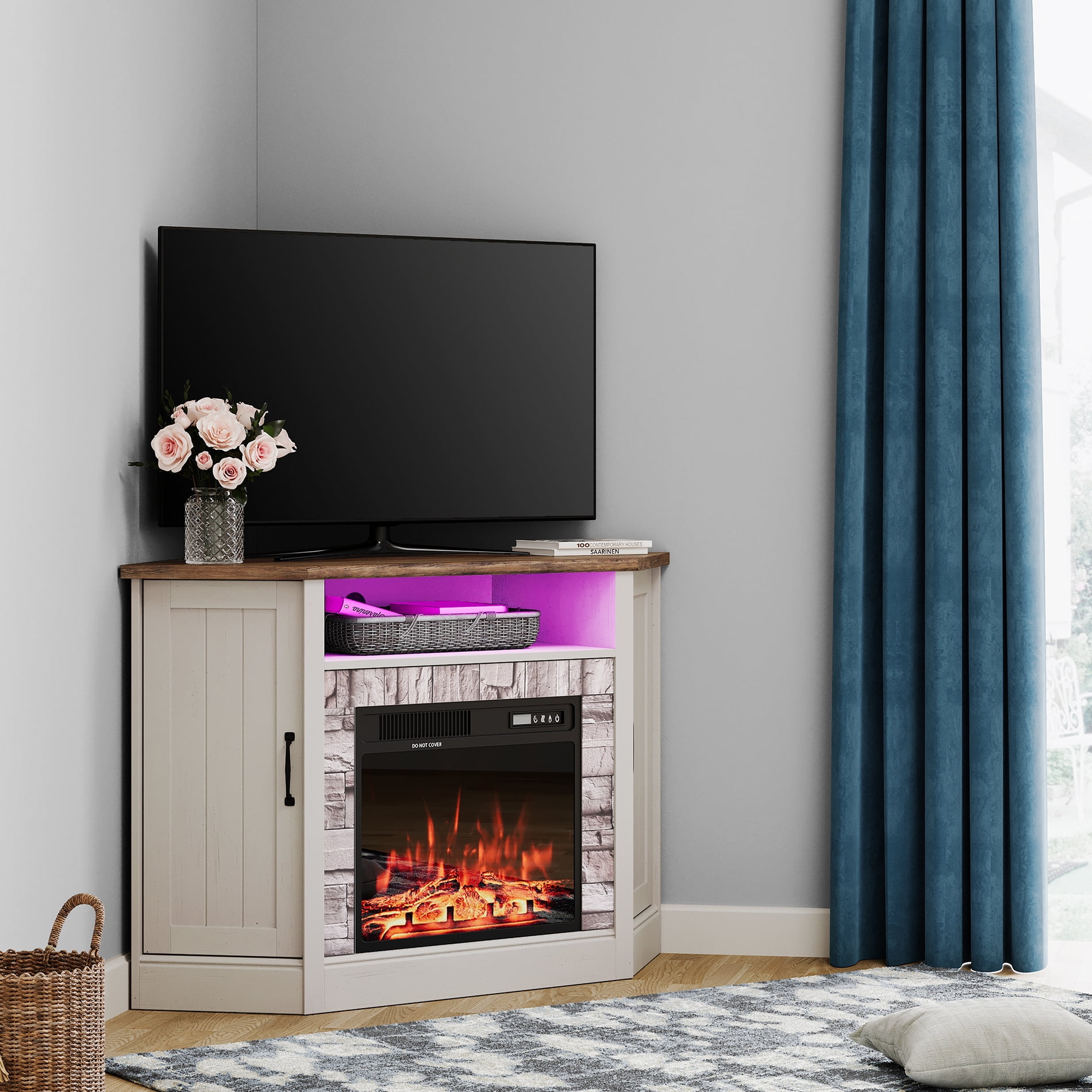 Corner RGB TV Stand with Fireplace for TV s up to 55