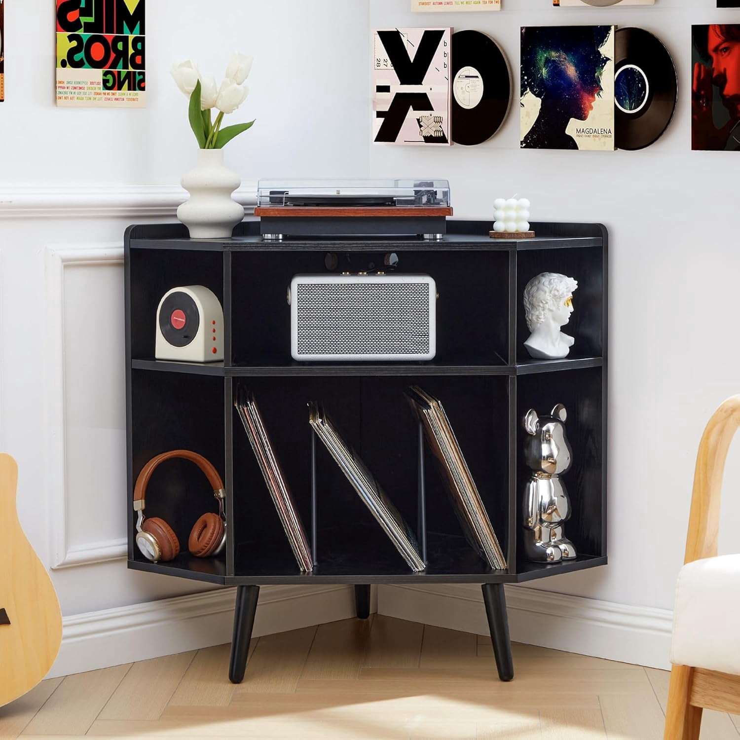 Corner Record Player Stand with Charging Station & USB Ports, 3 Tier ...
