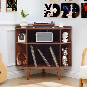 Corner Record Player Stand with Charging Station & USB Ports, 3 Tier Mid Century Modern Vinyl Record Storage Cabinet, Wood Turntable Stand for Music Room, Living Room, Small Space