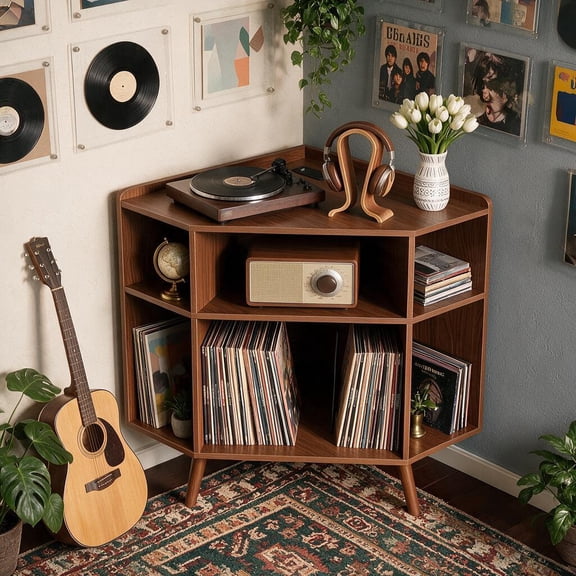 Corner Record Player Stand with Charging Station & USB Ports, Mid Century Modern Triangular Vinyl Storage Cabinet, Wooden Turntable Table for Living Room Bedroom,Brown