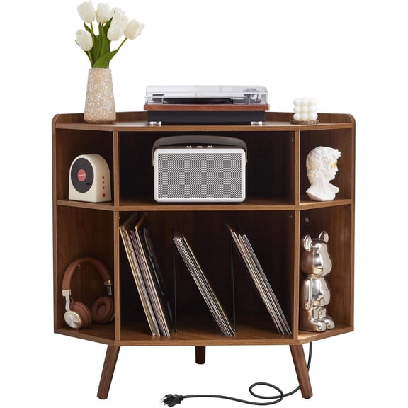 Corner Record Player Stand with Charging Station & USB Ports, 3-Tier Modern Vinyl Storage Cabinet, Walnut Finish