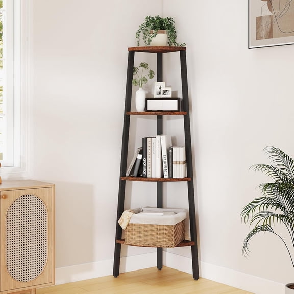 Corner Shelf, 4 Tier Ladder Corner Bookshelf, Display and Bookshelf Stand Unit, Anti Tip Feature, Space Saving, Ideal for , Books, Living Room, Bedroom, Rustic Brown