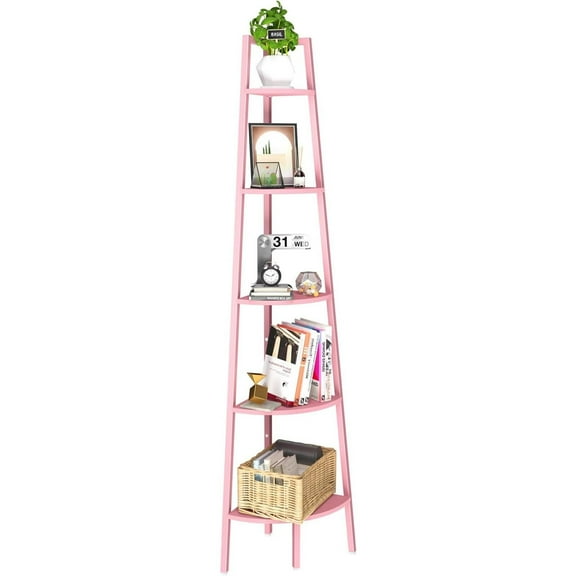 Corner Shelf, 5-Tier Corner Bookshelf with Metal Frame, Ladder Corner Shelves Display Shelf for Bedroom Living Room, Tall Corner Bookcase Corner Plant Stand, Wood Small Corner Shelf Stand Home