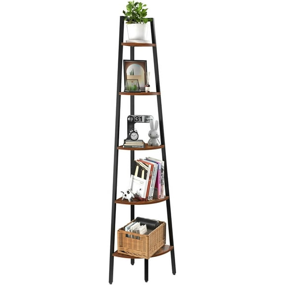 Corner Shelf, 5-Tier Corner Bookshelf with Metal Frame & Wood Ladder Shelves - Display Shelf & Tall Bookcase, Plant Stand for Home Decor - Bedroom, Living Room, Office