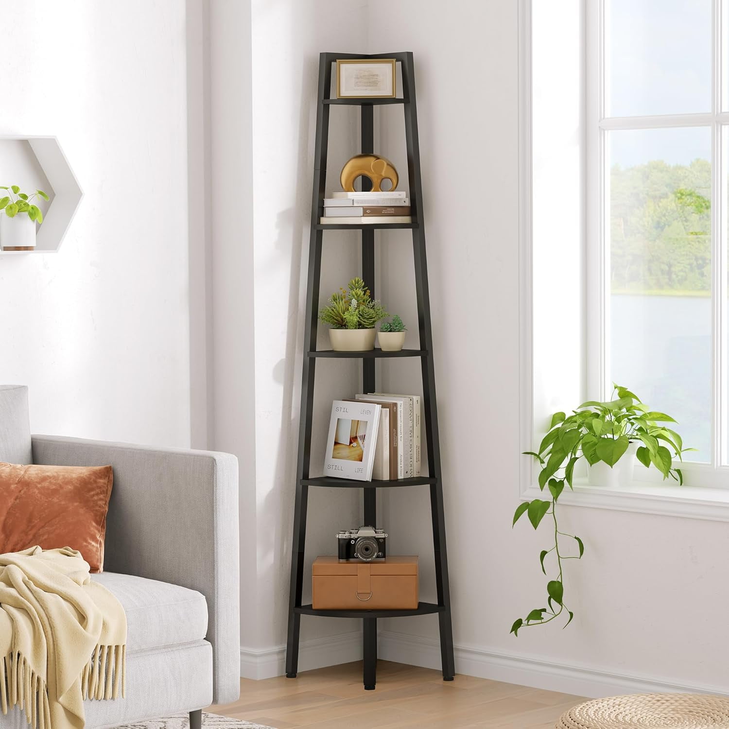 Corner Shelf, 5-Tier Corner Bookshelf, Rustic Corner Ladder Shelf ...