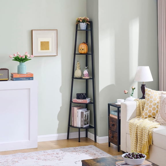 Corner Shelf, 5-Tier Corner Bookshelf, Rustic Ladder Shelf, Industrial Display Stand for Living Room, Kitchen, Home Office, Balcony, Small Space, Metal Frame