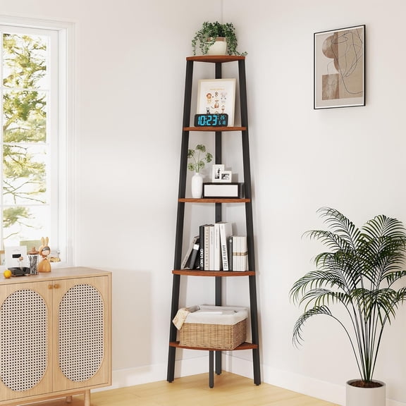 Corner Shelf, 5 Tier Ladder Corner Bookshelf, Display and Bookshelf Stand Unit, Anti Tip Feature, Space Saving, Ideal for , Books, Living Room, Bedroom, Walnut