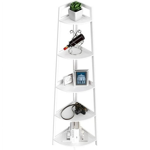 Corner Shelf 70 Inch Tall Bookshelf 5- Tier Industrial Corner Bookcase Corner Ladder Shelf Small Bookshelf Rustic Bamboo Stand for Living Room, Kitchen, Home Office White