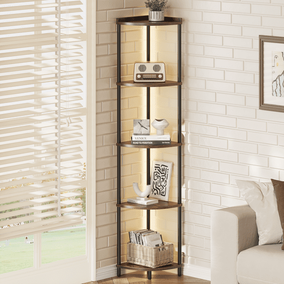 Corner Shelf Bookcase with LED Light, 5-Tier Corner Bookshelf Corner Shelf Stand for Bedroom,Living Room,Berry Brown