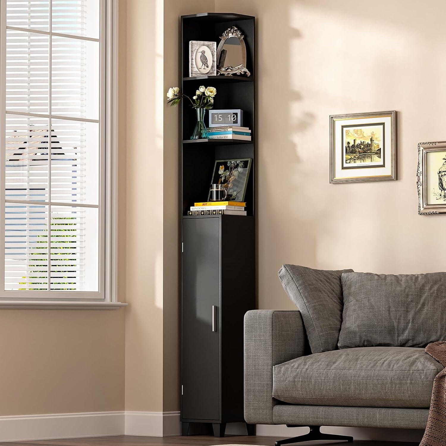 Corner Shelf with Cabinet, 74.8" Tall Corner Cabinet with Door, 5-Tier ...