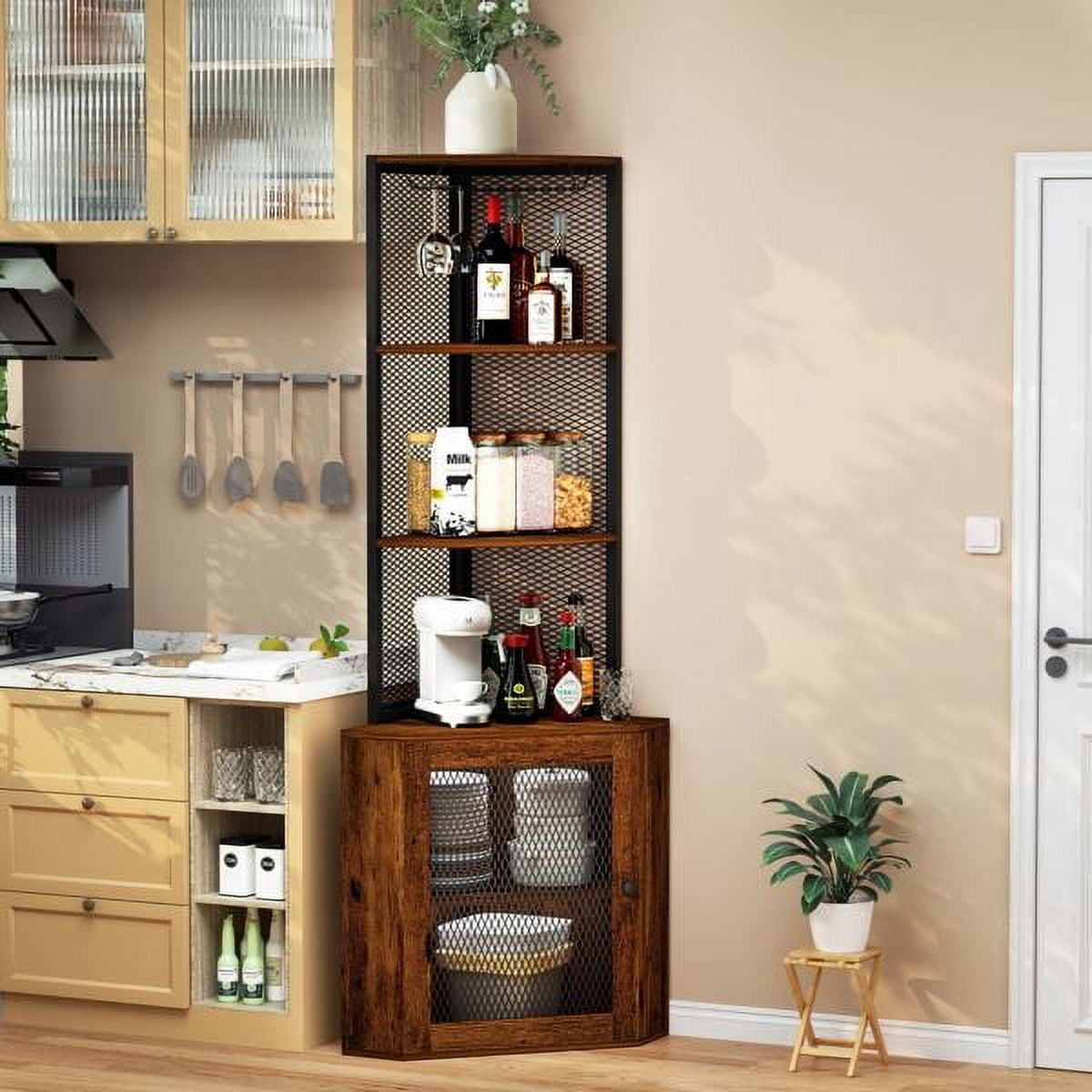 Corner Shelf with Doors, 65" Corner Cabinet & Wine Glass Rack, 6 Tier Bookshelf Display, Freestanding Corner Storage Stand for Kitchen, Living Room, Balcony[Unable to ship on weekends, please note]