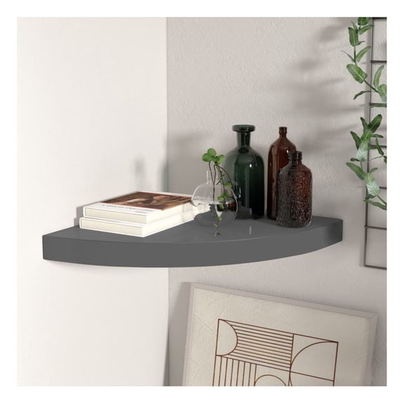 Corner Shelf Floating, High Gloss Gray 13.8x13.8x1.5 inch, MDF Wall Mounted Shelf for Books, Decor, Collectibles - Modern Minimalist Design Grey