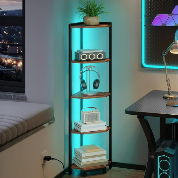 Corner Shelf with LED Light, 5-Tier Corner Bookshelf, Tall Narrow Display Bookcase with Metal Frame, Standing Shelf for Small Space, Living Room, Home Office, Bedroom, Rustic Brown CS66501B