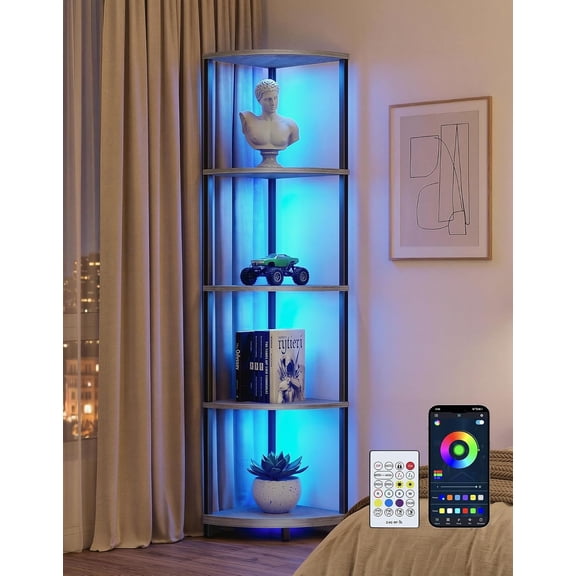Corner Shelf with LED Light, 5 Tier Smart Color Changing Floor Lamp with Remote, 62" Display Shelf Bookshelf Narrow Storage Rack Standing Lamp for Living Room Bedroom Home Office Decor