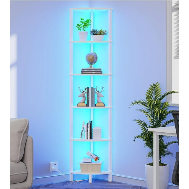 Corner Shelf with LED Light, 6-Tier Corner Bookshelf, Industrial Corner Ladder Shelf, Modern Display Shelf for Living Room, Bedroom, Kitchen, Home Office, Sturdy Frame, White UJSJ002W