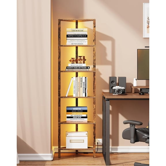Corner Shelf with LED Light, 6-Tier Corner Bookshelf for Small Space, Narrow Display Corner Shelf Stand with Storage Rack, for Living Room, Bedroom, Brown