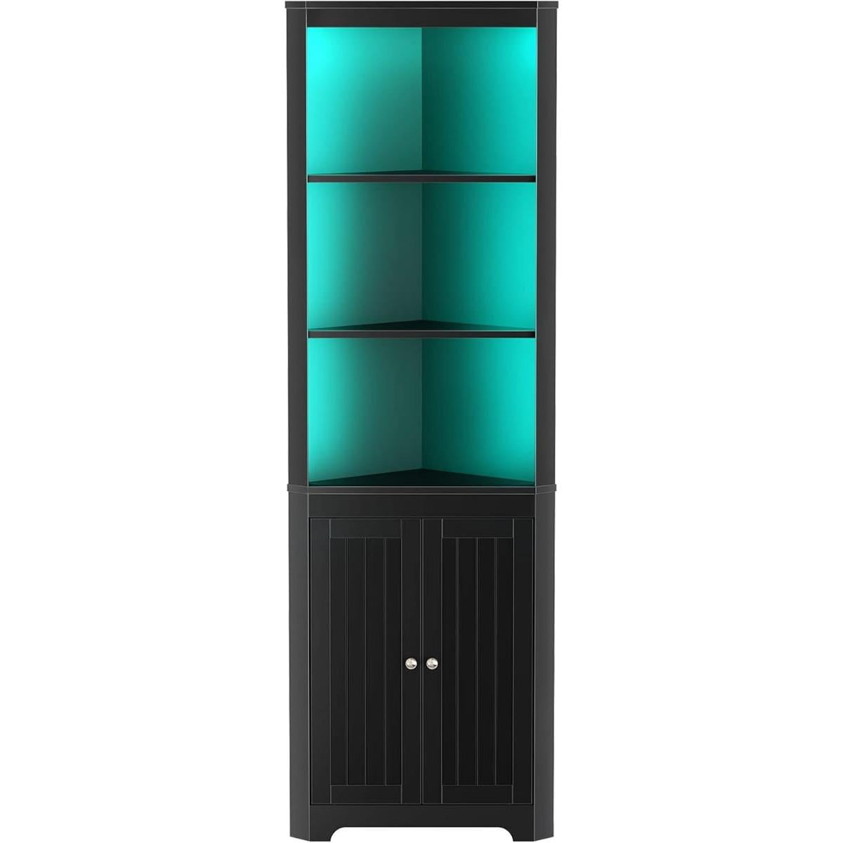 Corner Shelf with LED Light, Black Corner Cabinet, 5-Tier Storage ...