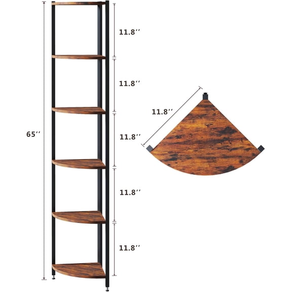 Corner Shelf with LED Lights, 6-Tier Corner Bookshelf, 66'' Organizer Book Shelf Shelves Steel Frame Display Stand with Living Room, Bedroom, Study, Rustic Brown