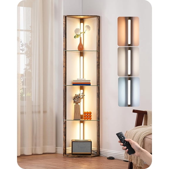 Corner Shelf with Light, 5-Tier Glass Display Shelf with Remote/Foot Control, 3CCT & Dimmable Corner Lamp, Open Display Cabinet, Standing Lamp for Living Room, Bedroom, Flamewood Color