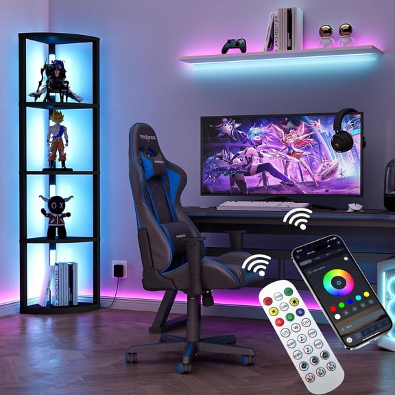 Corner Shelf with Light 5 Tier Tall Standing Shelf Dimmable Corners Floor Lamp with Shelves LED Corners Bookshelf Display Cabinet for Living Room, Bedroom, Home Decor