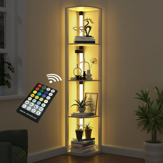 Corner Shelf with Light, Floor Lamps with Shelves for Living Room, Small Space, Modern Home Decor Stand Sturdy 5-Tier Corner Bookshelf Cabinet Display Shelf for Collectibles, White