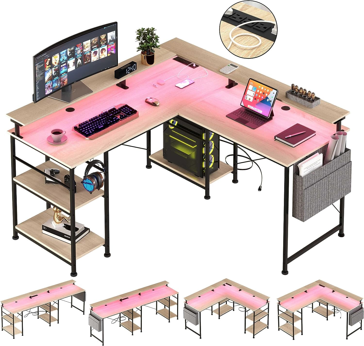 L shaped Gaming Desk with LED Lights, 90' Computer Desk with Monitor