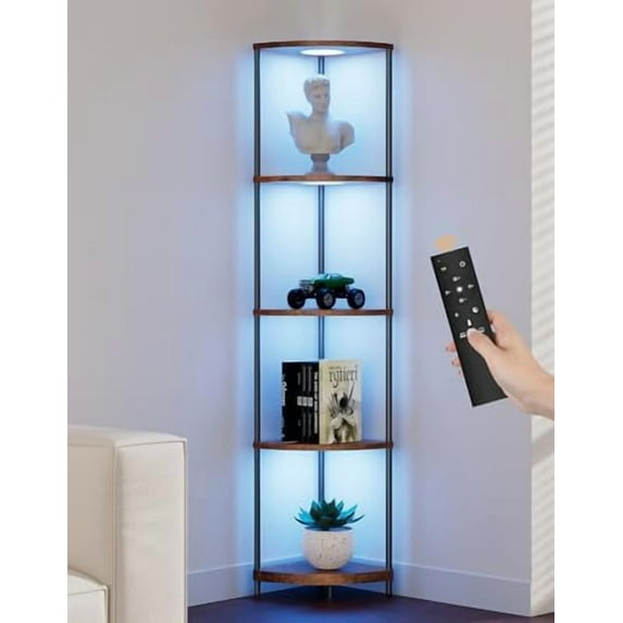 Corner Shelf with RGBCW LED Light, 64.5” Tall Floor Lamp Narrow Bookshelf Organizer, Standing Shelves with Metal Pole, Display Storage Rack for Wall Corner, Living Room, Bedroom, Office Décor, Brown