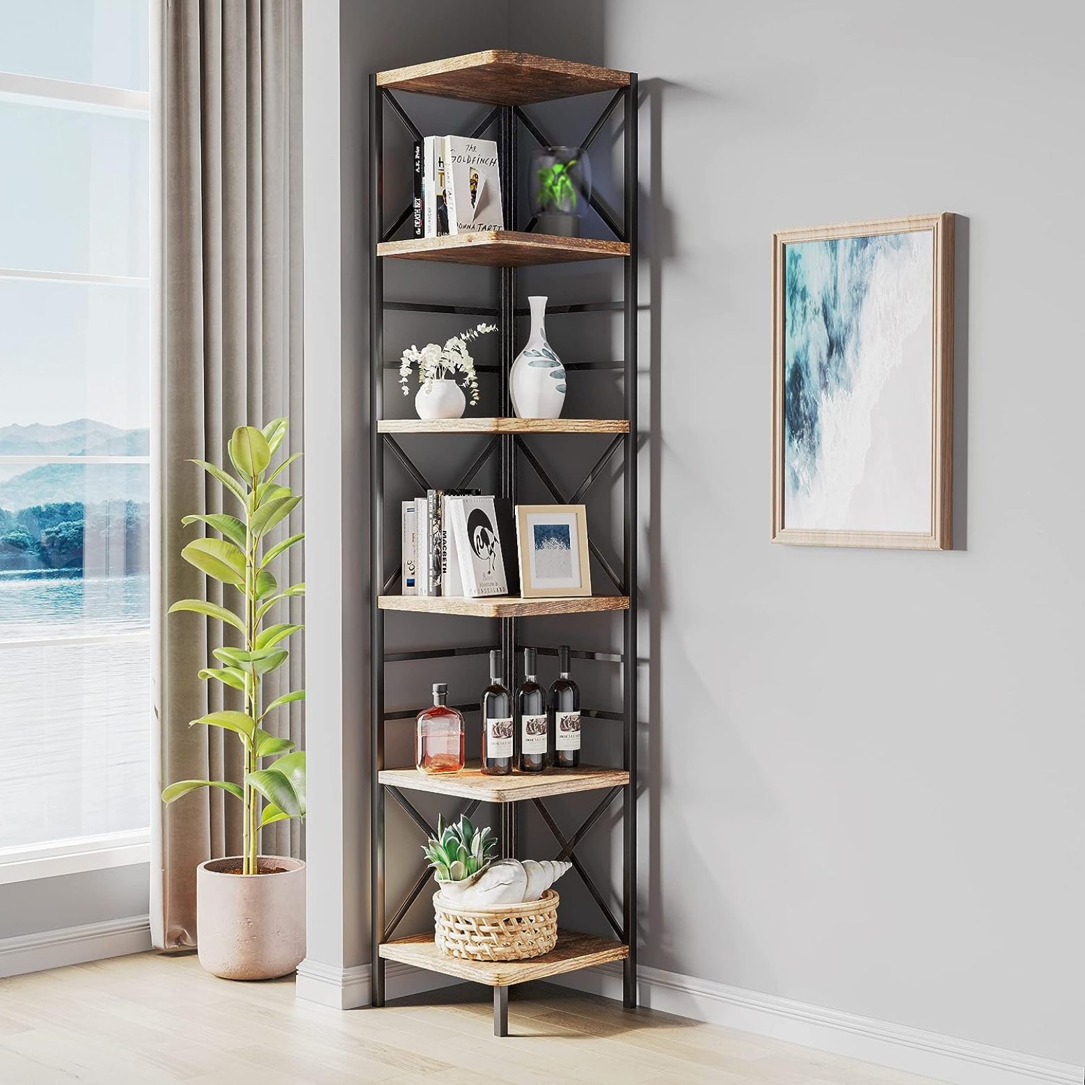 Corner Shelf, Rustic Wood Corner Bookshelf with 6Tier Tall Shelves and