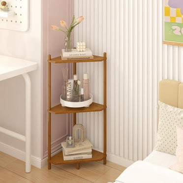 Corner Shelf Stand - 3 Tier Bamboo Small Corner Bookshelf for Office Kitchen Bedroom Plant Stand Living Room Decor Small Space (Brown)