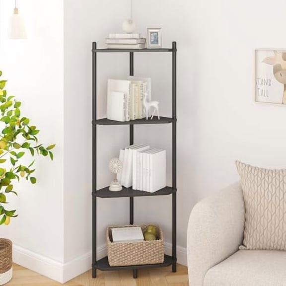 Corner Shelf Stand - 4 Tier Black Bamboo Small Corner Bookshelf for Office Kitchen Bedroom Plant Stand Living Room Decor Small Space