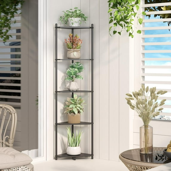 Corner Shelf Stand - 5 Tier Black Bamboo Small Corner Bookshelf for Office Kitchen Bedroom Plant Stand Living Room Decor Small Space
