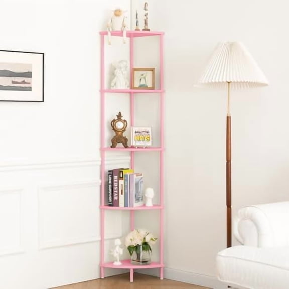 Corner Shelf Stand, 5-Tier Bookshelf, 65" Tall Shelves for Bedroom, Living Room, Narrow Display Bookcase, Pink with Display Shelves for Office