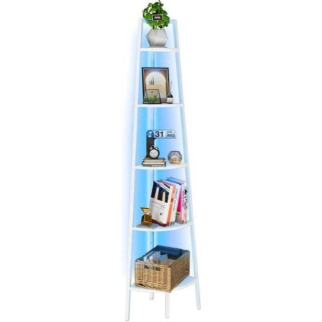 Corner Shelf Stand, 5Tier Corner Bookshelf with LED Light Corner