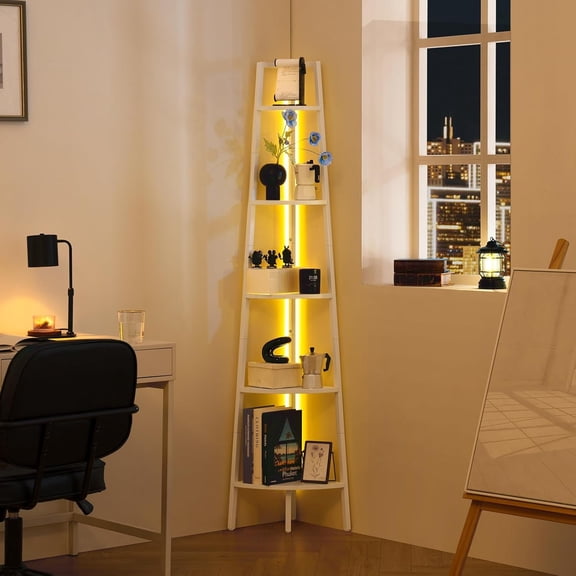 Corner Shelf Stand, 5-Tier Bookshelf with LED Lights & Steel Frame, Tall Storage Shelves for Living Room, Bedroom, Office, Multi-Purpose Display Bookcase