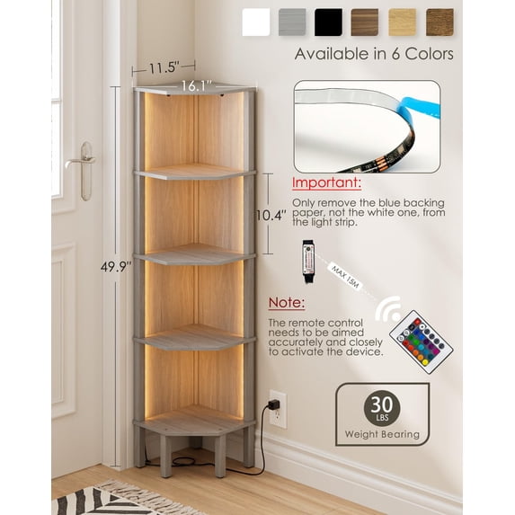 Corner Shelf Stand, 5 Tier Corner Bookshelf,Corner Furniture for Bedroom Display Corner Shelf for Small Space,Wood Shelves with Storage Rack for Living Room,Office,Gray
