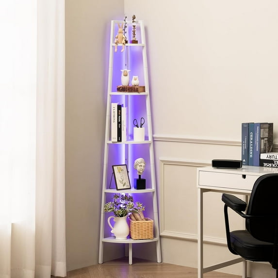 Corner Shelf Stand, 5-Tier Bookshelf with LED Lights & Steel Frame, Tall Storage Shelves for Living Room, Bedroom, Office, Multi-Purpose Display Bookcase