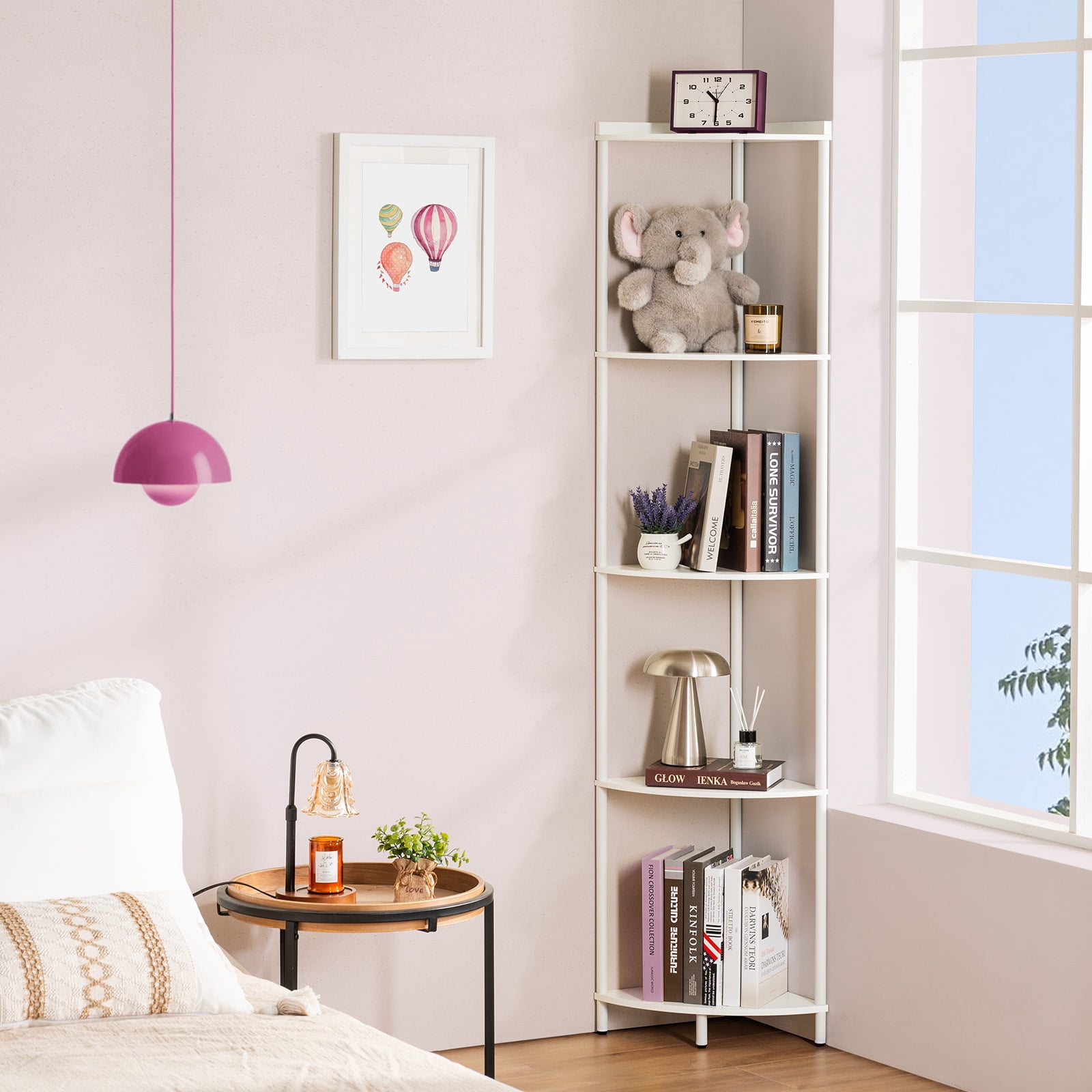 Corner Shelf Stand, 5-Tier Corner Shelves, 65" Wall Corner Bookshelf, Display Shelf Tall Shelf Plant Stand for Bedroom, Bathroom, Living Room, White